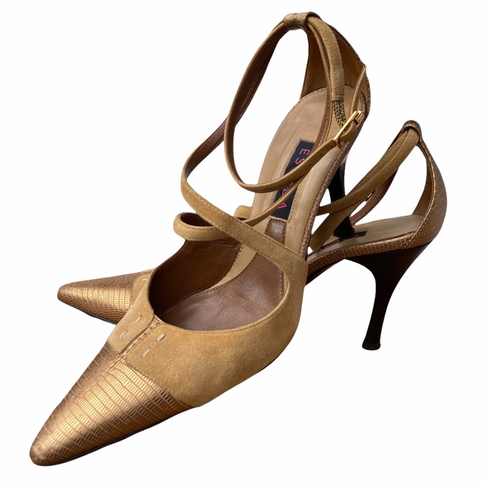 Escada Beige & Bronze Strappy Heels Shoes Pointed Toe Women's Size 5 Gold Tan